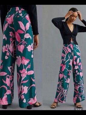 Anthropologie Tropical Floral Breezy Print Wide-Leg Pants,Teal/Pink US 2 / UK 6